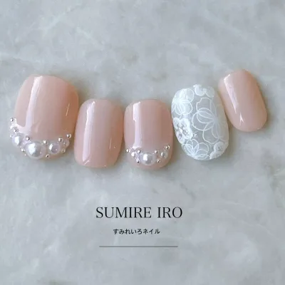 ネイルチップ つけ爪 ブライダルネイル ショート ロング デザイン シンプルネイル nail ベージュネイル 小さい爪 大きい爪 ベリーショート ちび爪 大人ネイル 付け爪 オーダーネイル 【o2098】ピンクベージュパールラインフラワーレース