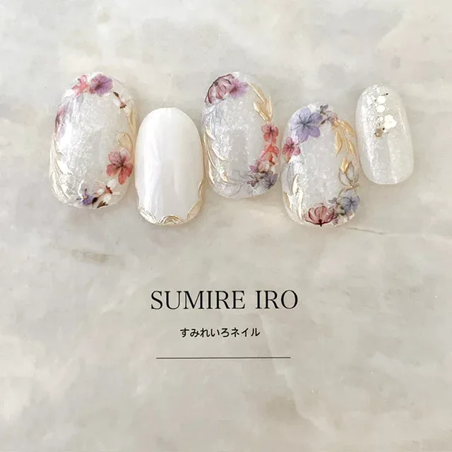 ネイルチップ つけ爪 ブライダルネイル ショート 成人式ネイル シンプルネイル nail 花ネイル 小さい爪 大きい爪 ベリーショート ちび爪 大人ネイル 付け爪 オーダーネイル 入学卒業ネイル 【o2286】ホワイトフラワーもこもこミラーラインシェル