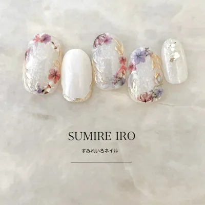 ネイルチップ つけ爪 ブライダルネイル ショート 成人式ネイル シンプルネイル nail 花ネイル 小さい爪 大きい爪 ベリーショート ちび爪 大人ネイル 付け爪 オーダーネイル 入学卒業ネイル 【o2286】ホワイトフラワーもこもこミラーラインシェル