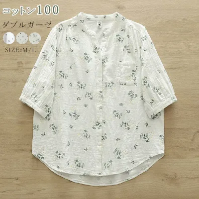 半袖 シャツ 綿100 レディース ドット ブラウス ガーゼシャツ ギャザー 夏 シャツブラウス 五分袖 トップス スキッパー Vネック ボタン止め ナチュラ 半袖シャツ オーバーサイズ 水玉柄
