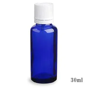 スタンダードタイプ遮光瓶(ブルー)白キャップ30ml (アルコール、エタノール対応)50本セット 40%割引バルク販売(ドロッパー付きセイフティーキャップ)