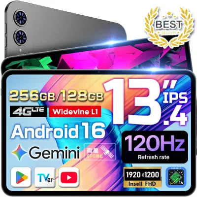 【期間限定★1000円OFF】 13.4インチ タブレット SIMフリー Android 16 大画面 120Hz 256GB/128GB 8コア CPU 4GLTE 通話 GPS Wi-Fi ゲーム 動画 PC WideVineL1 楽譜 会議 YouTube アンドロイド タブレットPC 本体 TECLAST 新品 クーポン9/24迄