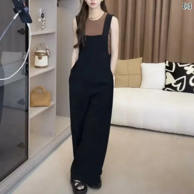 サロペット レディース オールインワン つなぎ オーバーオール パンツ ワイドパンツ ズボン ストレート ロング丈 ゆったり 大きいサイズ 体型カバー 着痩せ 細見え 体系カバー プラスサイズ 伸縮性 ノースリーブ 楽ちん 普段使い お出かけ 大人かわい