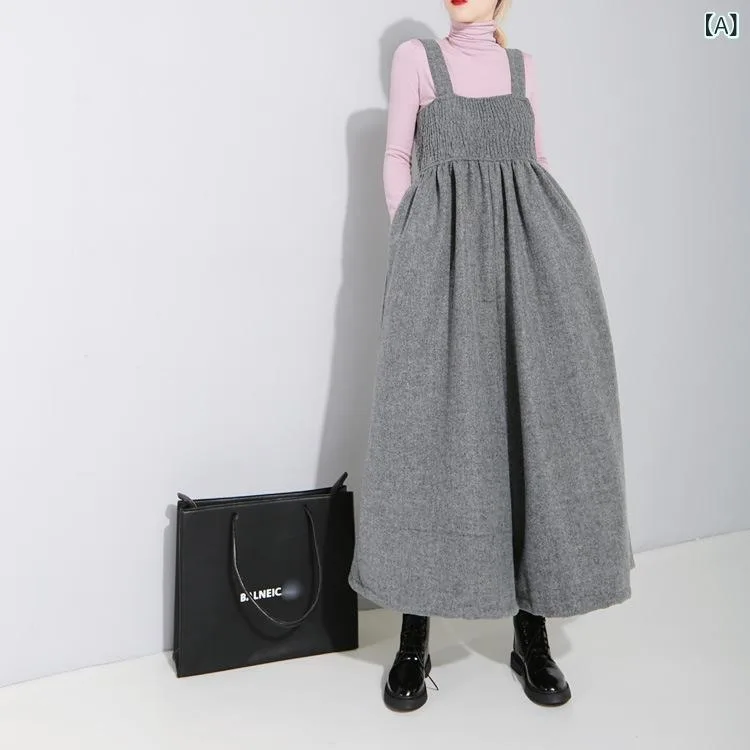 サロペット レディース 秋冬 オーバーオール ゆったり 体型カバー サロペットパンツ ズボン ボトムス 毛混 生地 文芸 レトロ 褶皺 吊り紐 ワイドパンツ ロング丈 大きいサイズ プラスサイズ 着痩せ 細見え お腹周り 補正 ゆったりめ リラックス感