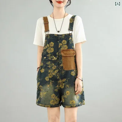 サロペット レディース オーバーオール ショートパンツ デニム ズボン 短パン ショーパン 春夏 ジーパン ジーンズ つなぎ ゆったり 大きいサイズ 体型カバー 着痩せ カジュアル かわいい ワイドシルエット 切り替えプリント柄 普段使い アウトドア 伸
