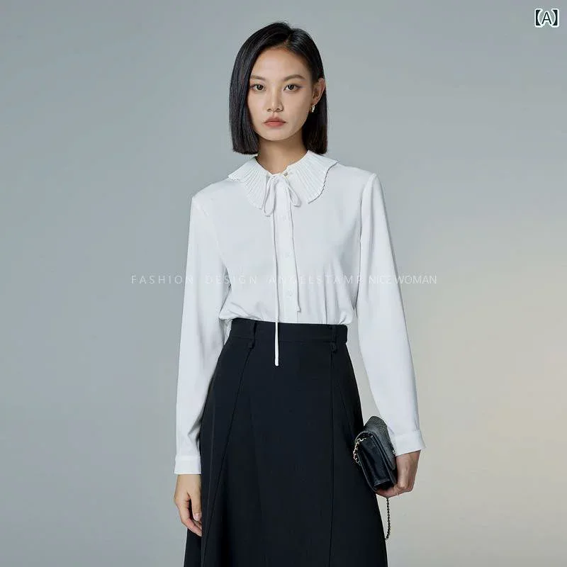 ブラウス レディース 長袖 トップス シャツ 孔雀ブルー 青系 オフィス 通勤服 事務服 切り替え デザインシャツ ブラウス 襟付き アシンメトリー リボン 結び目 紐付き お洒落 かわいい きれいめ 上品 高級感 普段使い シンプル 無地 ゆったり 着痩