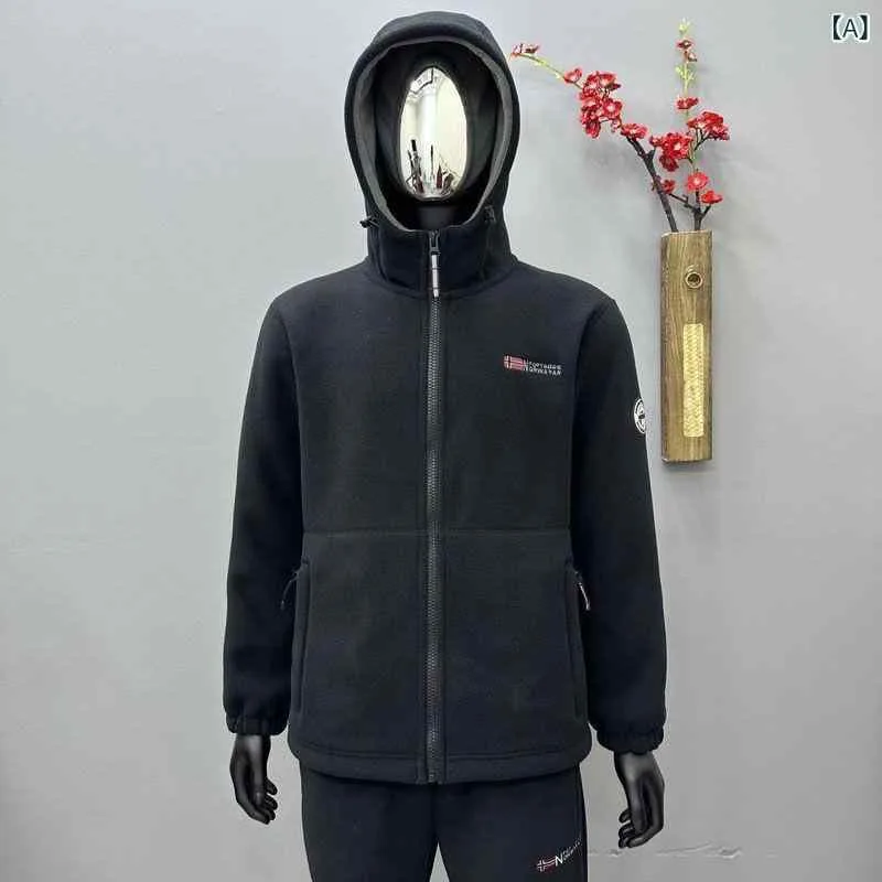 ジャケット メンズ 男性用 アウター ブルゾン コート フード付き ノルウェー風 裏起毛 厚手 防寒 保温 両面 フリース 暖かい 大きいサイズ ゆったり 体型カバー 着痩せ お腹周り 二の腕カバー 通勤用 普段使い アウトドア 登山 スポーツ 寒さ対策