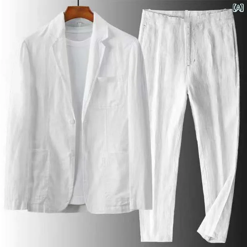 セットアップ メンズ 男性用 スーツ カジュアル 麻 リネン テーラードジャケット パンツ 上下セット 春夏 薄手 ゆったり 体型カバー 大きいサイズ 長袖 長ズボン 韓流 韓国風 シンプル 無地 おしゃれ 普段使い 通学 通勤 アウトドア 軽量 通気性