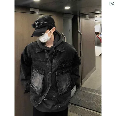 ジャケット 男性用 メンズ 春秋 アウター デニムジャケット 美式 レトロ ヴィンテージ感 ウォッシュ加工 ブラック系 ワークジャケット カバーオール 切り替え ジップアップ ビッグシルエット ゆったり 体型カバー 大きいサイズ プラスサイズ 重ね着 ス