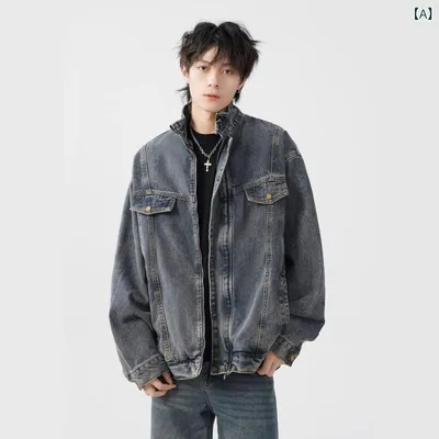 デニムジャケット メンズ 男性用 アウター トップス ジャンパー 長袖 ビンテージ風 ウォッシュ加工 Vibeスタイル カジュアル ストリート系 ゆったり ビッグシルエット 大きいサイズ 体型カバー 着痩せ お腹周り 二の腕カバー ミリタリー ワーク系