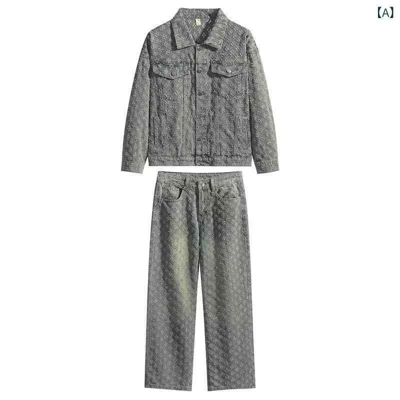 セットアップ メンズ 男性用 デニム 2点セット ジャケット テーラードジャケット 襟付き シャツ ワイドパンツ ロングパンツ ゆったり 体型カバー 大きいサイズ プラスサイズ カジュアル アメカジ ダンス ストリート 春秋 伸縮性 耐久性 厚手 インデ