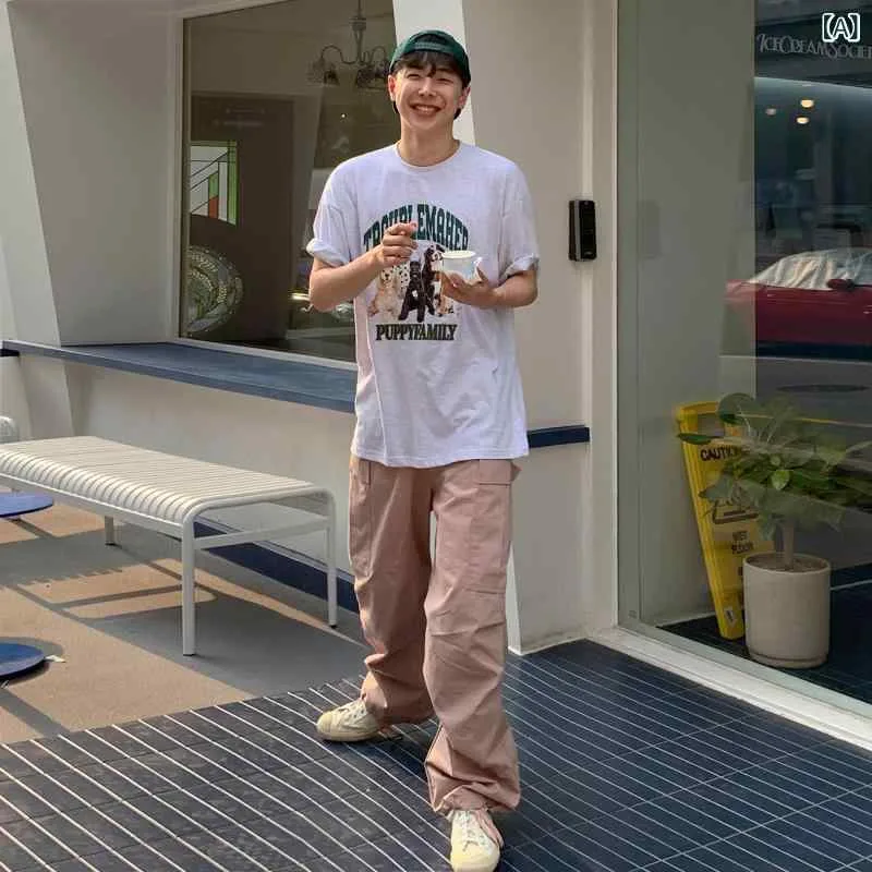 カーゴパンツ メンズ 男性用 ロングパンツ 長ズボン ボトムス ゆったり ワイドパンツ ワークパンツ ストレートパンツ 大きいサイズ 体型カバー 着痩せ お腹周りカバー 普段使い 通勤用 カジュアル 韓国系 ストリート系 無地 シンプル 無骨感 春夏 快