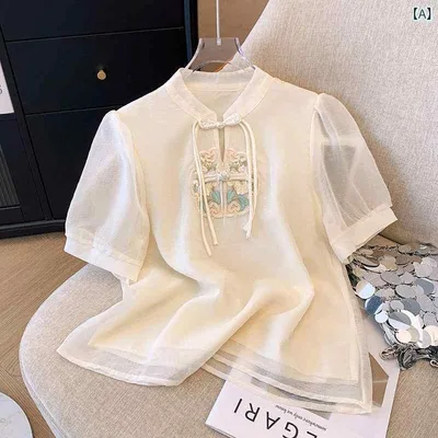 ブラウス レディース 大きいサイズ 半袖 中国風 刺繍 シフォン トップス レトロ チャイナボタン ゆったり 体型カバー 着痩せ お腹周り 二の腕カバー 薄手 通気性 柔らかい 上品 エレガント きれいめ カジュアル 普段使い 通勤用 旅行 デート お出