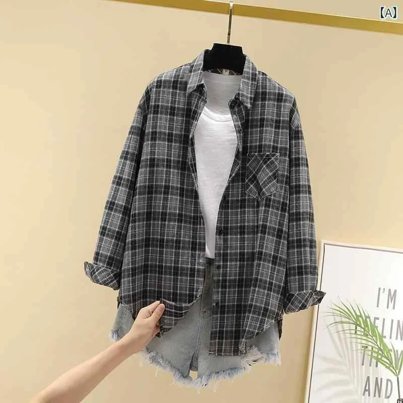 シャツ レディース トップス 長袖 チェック柄 綿100% コットン ゆったり 大きいサイズ 体型カバー 着痩せ ビッグシルエット ブラウス 襟付き 前開き 羽織り 春秋 カジュアル レトロ 港風 きれいめ ナチュラル 普段着 通勤通学 お出かけ シンプ