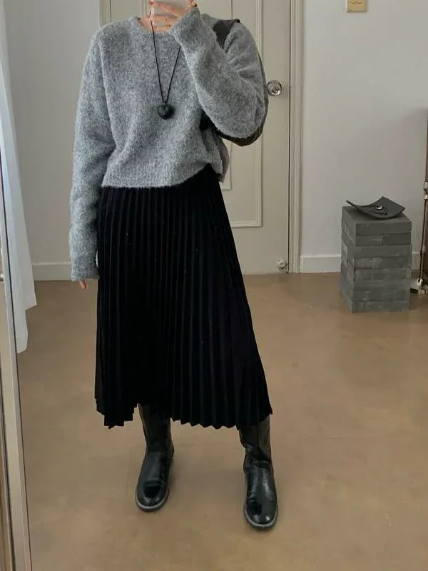 スカート レディース 秋冬 ニット ロング丈 ハイウエスト プリーツ Aライン ゆったり 大きいサイズ 体型カバー 着痩せ 細見え 伸縮性 柔らか素材 無地 カジュアル エレガント 膝下丈 マキシ丈 通勤 通学 お出かけ きれいめ フェミニン 普段使い