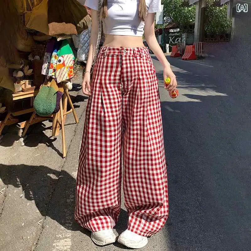 ロングパンツ レディース ゆったり ハイウエスト ワイドパンツ レッド系 チェック柄 ストレートパンツ ズボン ボトムス 秋物 秋冬物 美脚効果 細見え 体型カバー プラスサイズ 大きいサイズ 普段着 カジュアル 通勤用 通学用 アウトドア 柔らかい 履