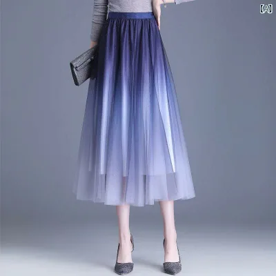 スカート レディース 春夏 ミモレ丈 フレアスカート グラデーション メッシュ チュールスカート Aライン ハイウエスト プリーツスカート ロング丈 ふんわり 大人かわいい 体型カバー ゆったり 大きいサイズ 着痩せ 細見え お腹周り 二の腕カバー 通勤