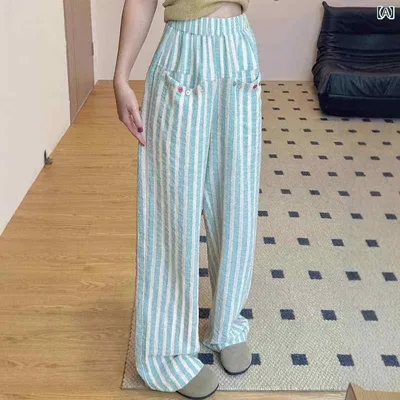 パンツ レディース 春秋 ズボン ストライプ柄 ワイドパンツ ロング丈 ゆったり 大きいサイズ 体型カバー 着痩せ 接触冷感 再生繊維 柔らかい 薄手 伸縮性 ストレッチ ストレートパンツ カジュアル スタイルアップ 脚長効果 通勤 通学 普段使い アウ