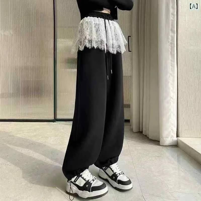 ロングパンツ レディース 春秋 ワイドパンツ レース 重ね着風 ハイウエスト 接触冷感 伸縮性 ゆったり 大きいサイズ 体型カバー 着痩せ 細見え 落ち感 束脚 スポーツウェア 運動用 普段使い リラックス スタイルアップ ボトムス ズボン