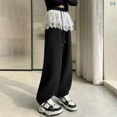 ロングパンツ レディース 春秋 ワイドパンツ レース 重ね着風 ハイウエスト 接触冷感 伸縮性 ゆったり 大きいサイズ 体型カバー 着痩せ 細見え 落ち感 束脚 スポーツウェア 運動用 普段使い リラックス スタイルアップ ボトムス ズボン