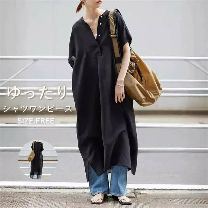 シャツワンピース レディース ロングワンピース 半袖 Vネック チュニック ゆったり オーバーサイズ シワ加工 ナチュラル オフィス カジュアル 大人可愛い 通勤 デイリー アウトドア レジャー 春夏 送料無料