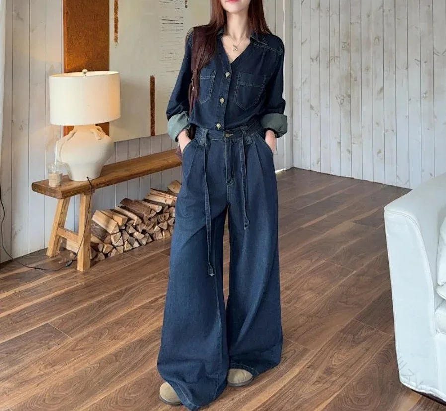 デニムセットアップ レディース 長袖 デニムシャツ ワイドパンツ 上下セット ルーズ ゆったり オーバーサイズ 韓国 ファッション 大人カジュアル 30代 40代 おしゃれ 大人可愛い 休日 旅