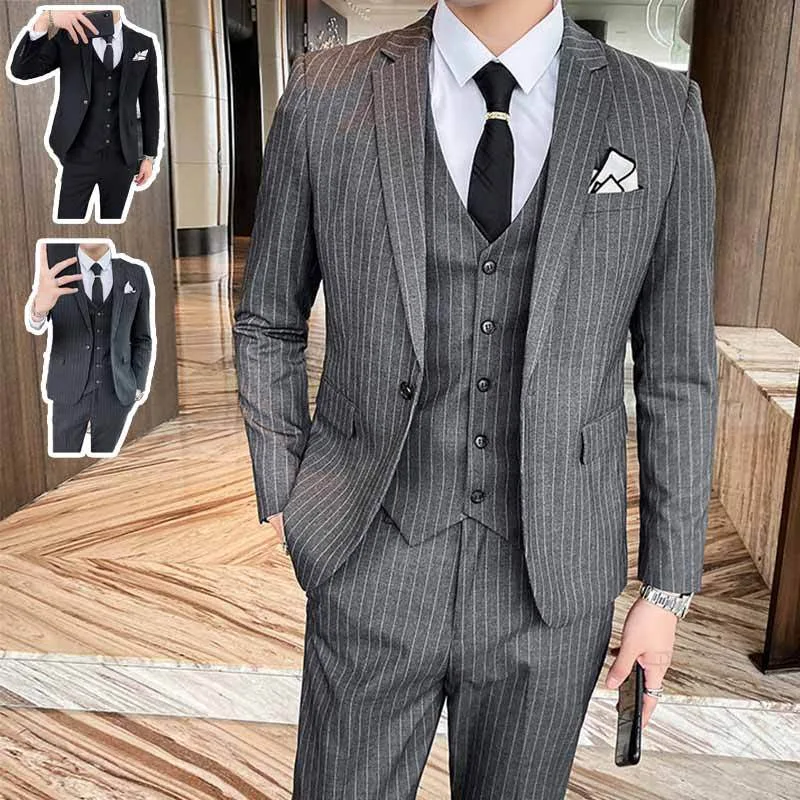 メンズスーツ 3ピーススーツ ストライプ ビジネススーツ 紳士服 セットアップ グレー ブラック 3点セット 結婚式 花婿 前撮り フォーマルスーツ セレモニー パーティー 発表会 通勤 就職