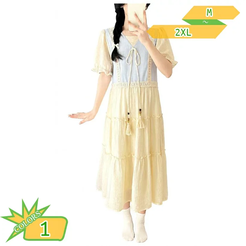500円OFFクーポン マタニティワンピース 体型カバー ゆったり 妊婦服 重ね着風 ティアードワンピース Vネック パフスリーブ カジュアル フェミニン お出かけ 旅行 ルームウェア 春 夏 大きいサイズ takushistore