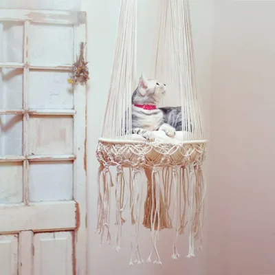 ハンモック マクラメ編み キャットハンギングベッド ドレープ 猫 ( マクラメ おしゃれ ペットベッド アニマル BOHOスタイル ハンギングベッド )