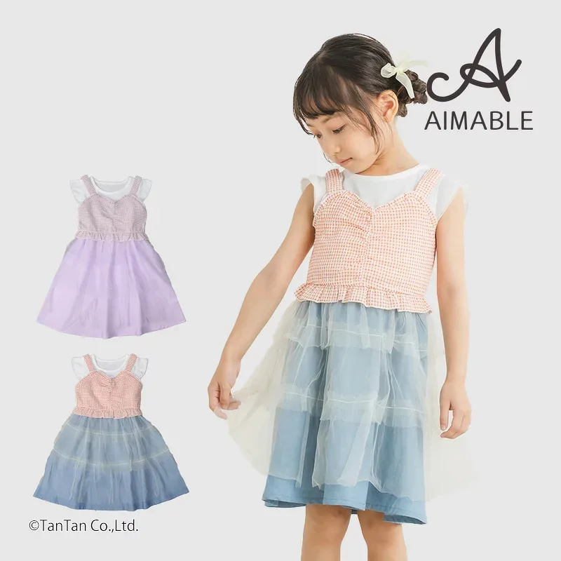 【50%OFFセール】ワンピース 2点セット チュール 女の子 キッズ トップス チュール切替 アイボリー ラベンダー 100-140cm AIMABLE エマーブル【K】【2502】【61】