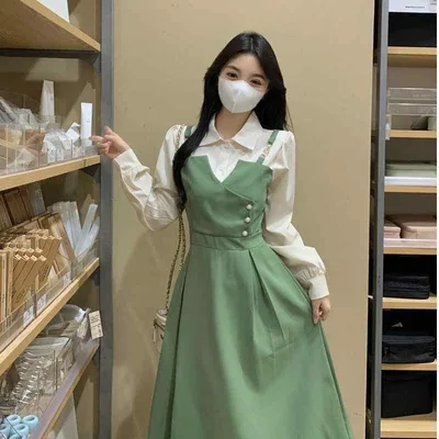 ワンピース レディース Aライン ポリエステル ロング丈 2024年 秋 グリーン フェミニン ガーリー