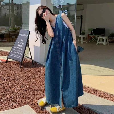 ワンピース レディース デニム ノースリーブ ロング Vネック 濃い青色 普段使い 文芸風 レトロ 春夏