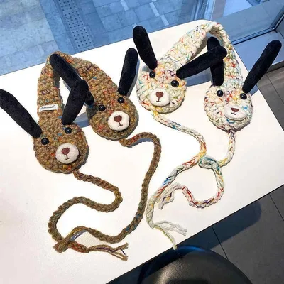 イヤーマフ レディース かわいい 韓国風 INS ニット 耳当て 秋冬 防寒 あったか ウール 長耳 犬 ドッグ モチーフ コーヒー ベージュ カーキ グリーン