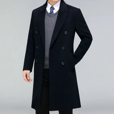 コート メンズ 男性用 ウール ダブルブレスト ミドル丈 厚手 無地 普段使い ビジネス カジュアル 秋冬 ブラック 黒 ネイビー 紺