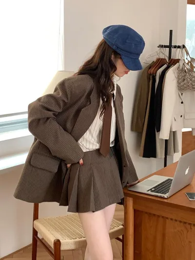 セットアップ レディース 格子柄 テーラードジャケット プリーツ ミニスカート ポリエステル 韓国風 カジュアル 長袖 スカートスーツ
