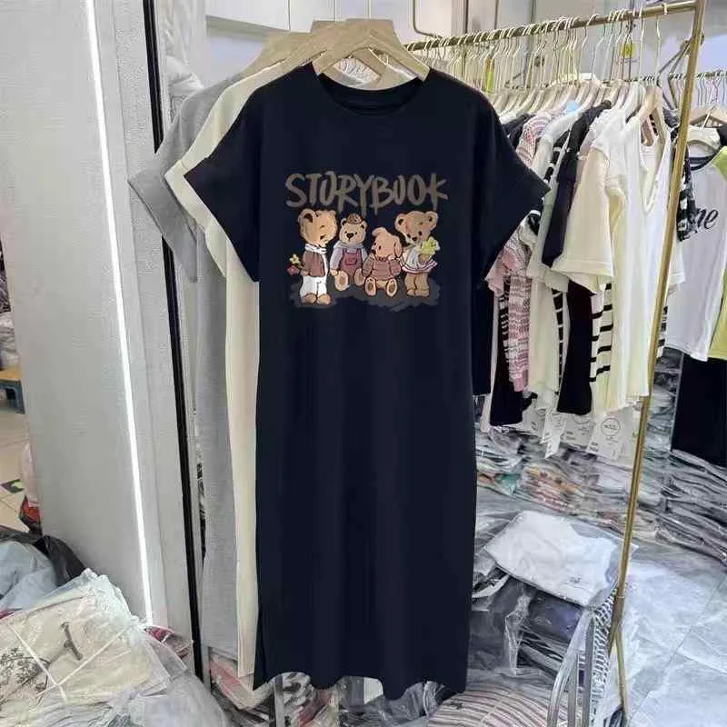 ワンピース レディース 大きいサイズ Tシャツワンピース ひざ下丈 ゆったりサイズ 妊婦 ルームウェア 部屋着 韓国風 ポリエステル グレー ブラック 接触冷感