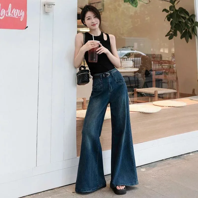 デニム レディース 高身長 ワイドパンツ ジーンズ ジーパン ズボン ボトムス 美脚 脚長 ゆったり 大きめ 大きいサイズ ルーズ ハイウエスト 体型カバー 着痩せ 美シルエット おしゃれ かわいい カジュアル 韓国ファッション 通勤 オフィス 春夏 秋