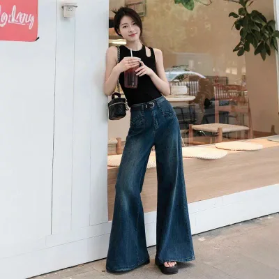 デニム レディース 高身長 ワイドパンツ ジーンズ ジーパン ズボン ボトムス 美脚 脚長 ゆったり 大きめ 大きいサイズ ルーズ ハイウエスト 体型カバー 着痩せ 美シルエット おしゃれ かわいい カジュアル 韓国ファッション 通勤 オフィス 春夏 秋