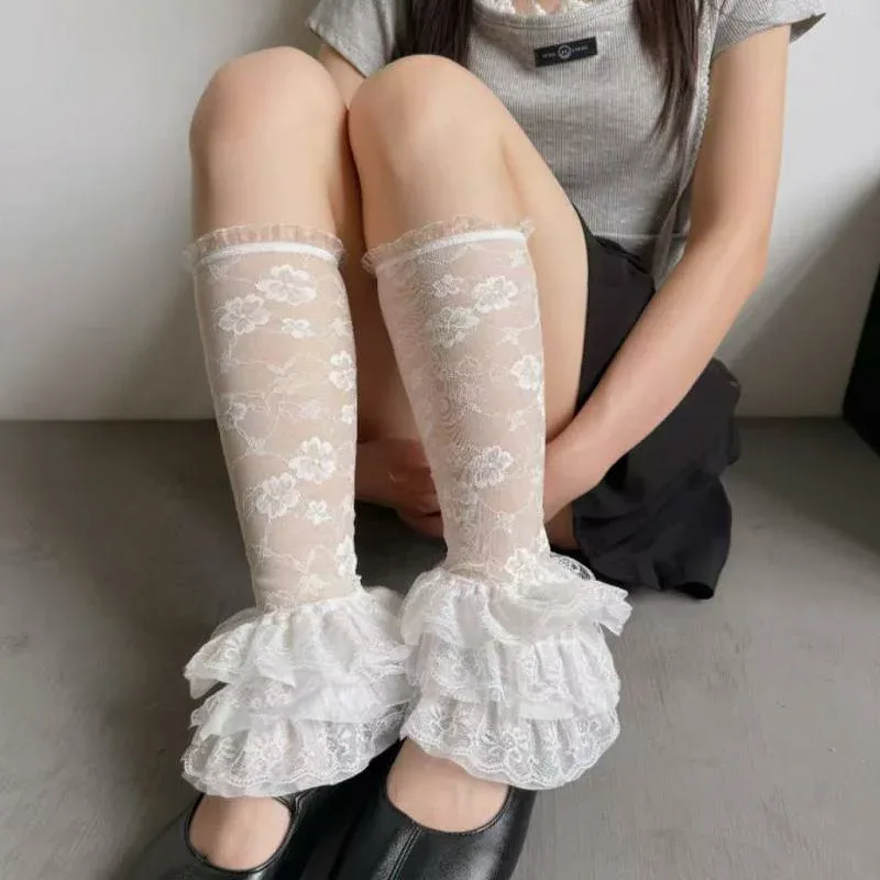 靴下 レディース ロリータ レース 花柄 フリル チュール ソックス 白色 かわいい 通気性 春夏