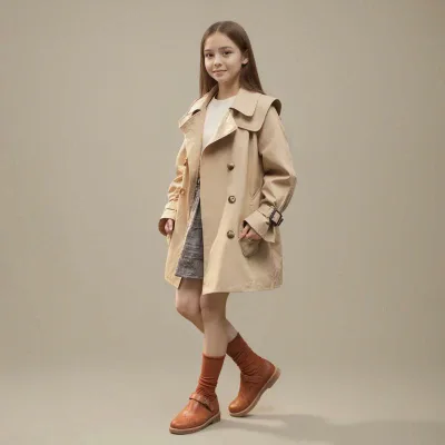 キッズ ガールズ ジャケット 春秋 薄手 子供用 アウター 防撥水 トレンチコート ミドル丈 女の子 秋物 110 120 130 140 150 160 170 カーキ ブラック