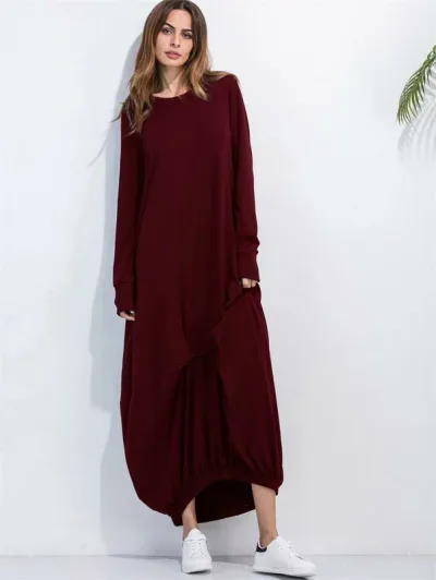 ワンピース レディース チュニック ロング丈 不規則 長袖 ラウンドネック カジュアル ゆったりサイズ 綿混紡 ブラック グレー カーキ 無地