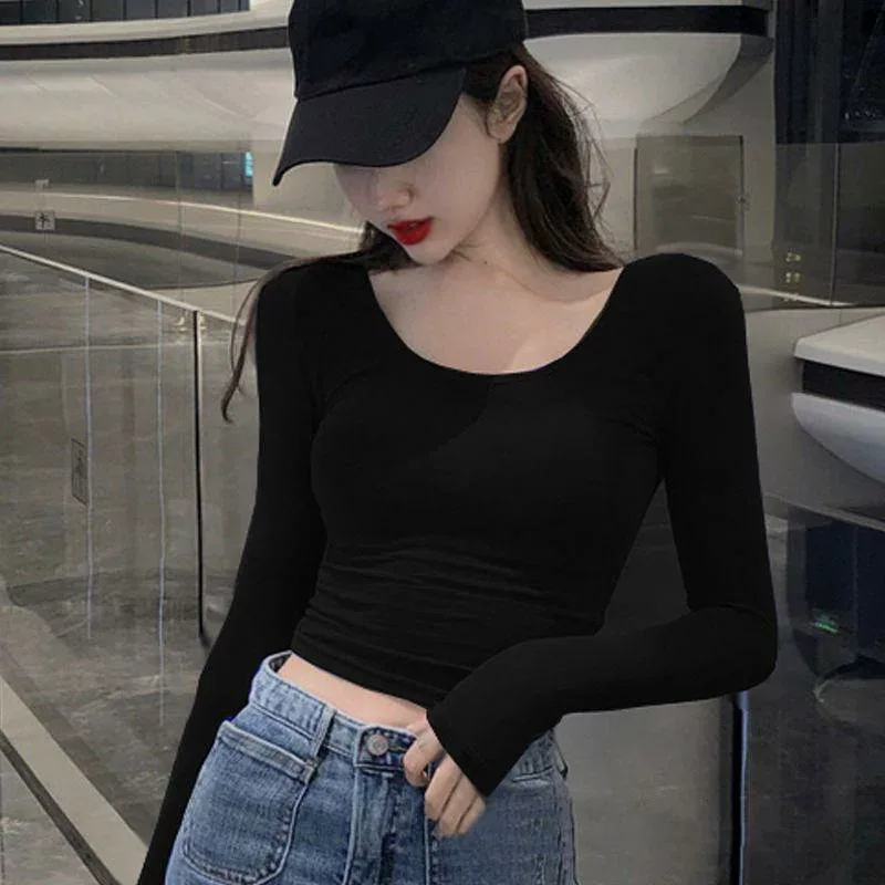 Tシャツ レディース 春夏 ショート丈 スリム 長袖 カットソー 無地 トップス ラウンドネック 女性用 韓国風 カジュアル ブラック グレー レッド ホワイト ピンク系 ブルー グリーン