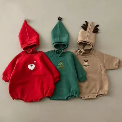 ベビー服 ロンパース 冬 長袖 裏起毛 厚手 かわいい クリスマス 赤ちゃん カバーオール 帽子付き 綿100% 60 70 80 90