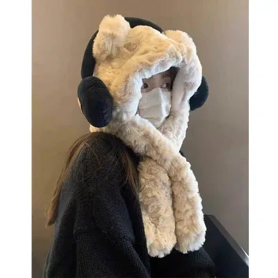 帽子 レディース 秋冬 小熊 イヤーマフ付き ニット帽 ネックウォーマー 一体型 かわいい 防寒 保温 ベージュ系 カーキ グレー系