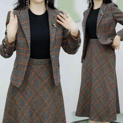 セットアップ レディース 春 格子柄 ジャケット スカート エレガント スタイル 膝丈 ポリエステル レッド系 ブルーストライプ ブラック 単品スカート 長袖 花びら袖 OL 通勤