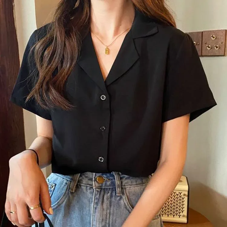 シャツ レディース 半袖 韓国風 オフィスカジュアル ブラウス トップス 婦人服 ポリエステル スーツ襟 無地 きれいめ おしゃれ かわいい 白 黒 杏色 レンガ色 水色 ライトグリーン