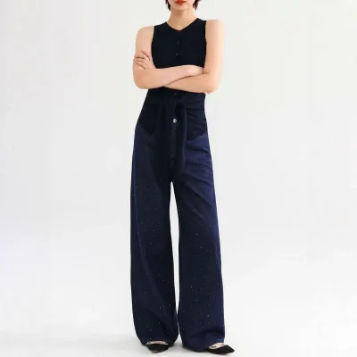 デニム レディース ハイウエスト ワイドレッグ ジーンズ パンツ ズボン Gパン 長ズボン ゆったり ルーズ ストレート ウォッシュ加工 カジュアル 韓国ファッション