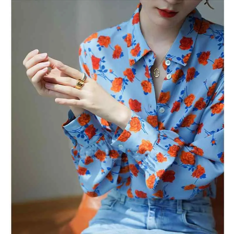 シャツ レディース 長袖 春夏 ゆったり 大きいサイズ チュニック ブラウス シフォン ポリエステル 花柄 ブルー M L XL 2XL 3XL 文芸復古 快適 普段使い