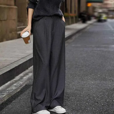 パンツ レディース リヨセル混紡ウール ワイドレッグ ストレートパンツ スラックス 高腰 ポケット付き ブラック グレー きれいめ オフィスカジュアル 通勤着