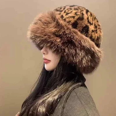 帽子 レディース 秋冬 ヒョウ柄 ファー ふわふわ あったか 防寒 小顔効果 かわいい おしゃれ 豹柄 カフェオレ